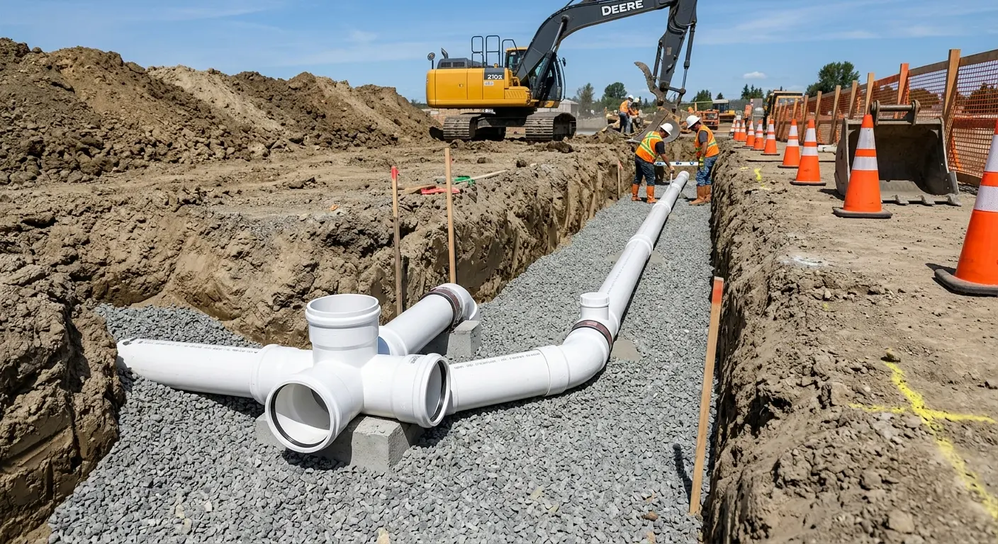 New PVC sewer pipe installation in open trench for Grease Trap Cleaning in Centralia