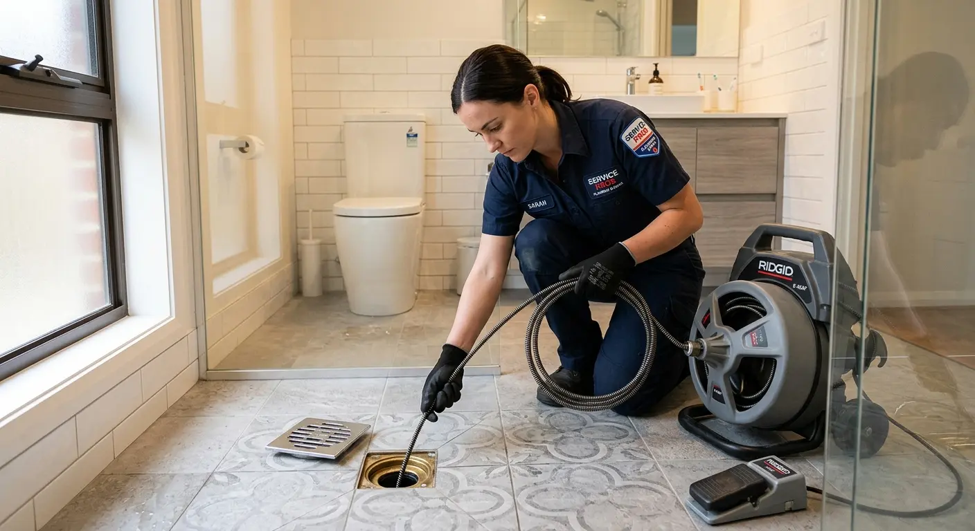 Technician clearing a bathroom floor drain for Sewer Line Installation in Centralia